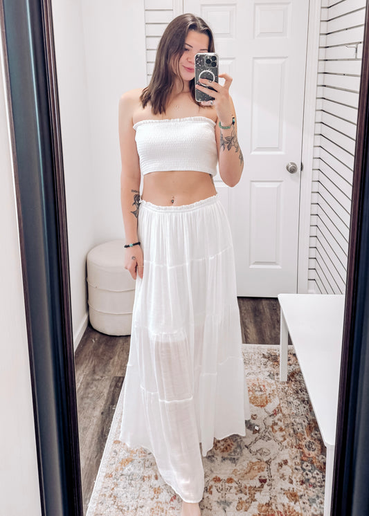 Jeanie Smocked Strapless Top + Skirt Set | White
