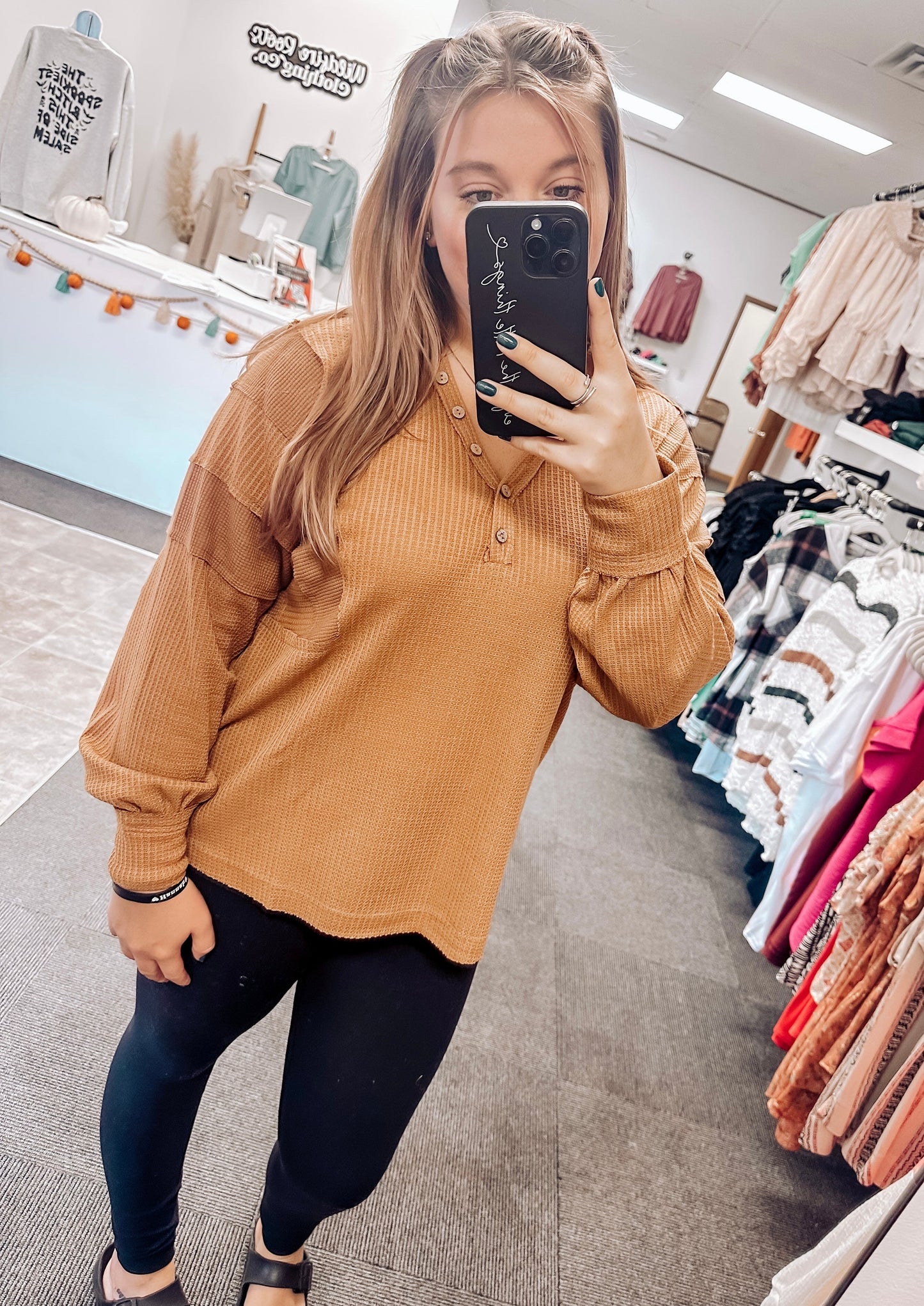 Meredith Henley Long Sleeve Top | Camel
