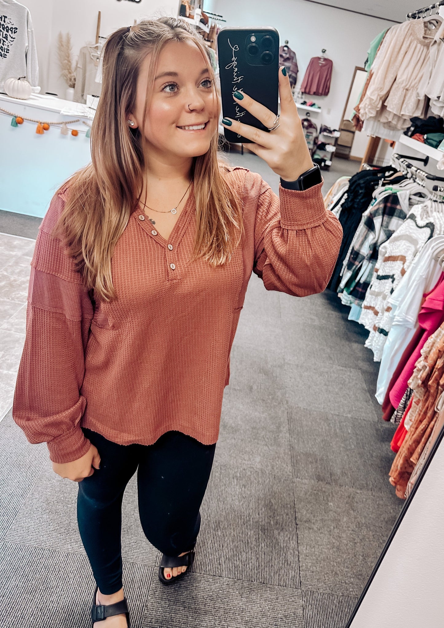 Meredith Henley Long Sleeve Top | Brick