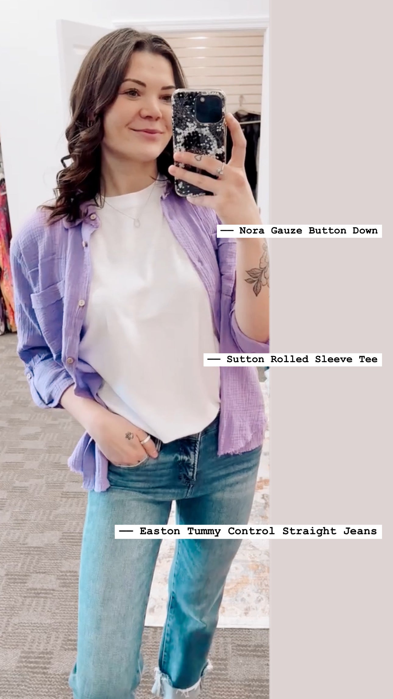 Textured lavender button-down shirt with a relaxed, oversized fit and lightweight gauze fabric. Features raw-edge hems, double chest pockets, wood-look buttons, and roll-tab sleeves. A breezy, versatile layer for spring and summer that pairs effortlessly with denim, tanks, or swimwear.