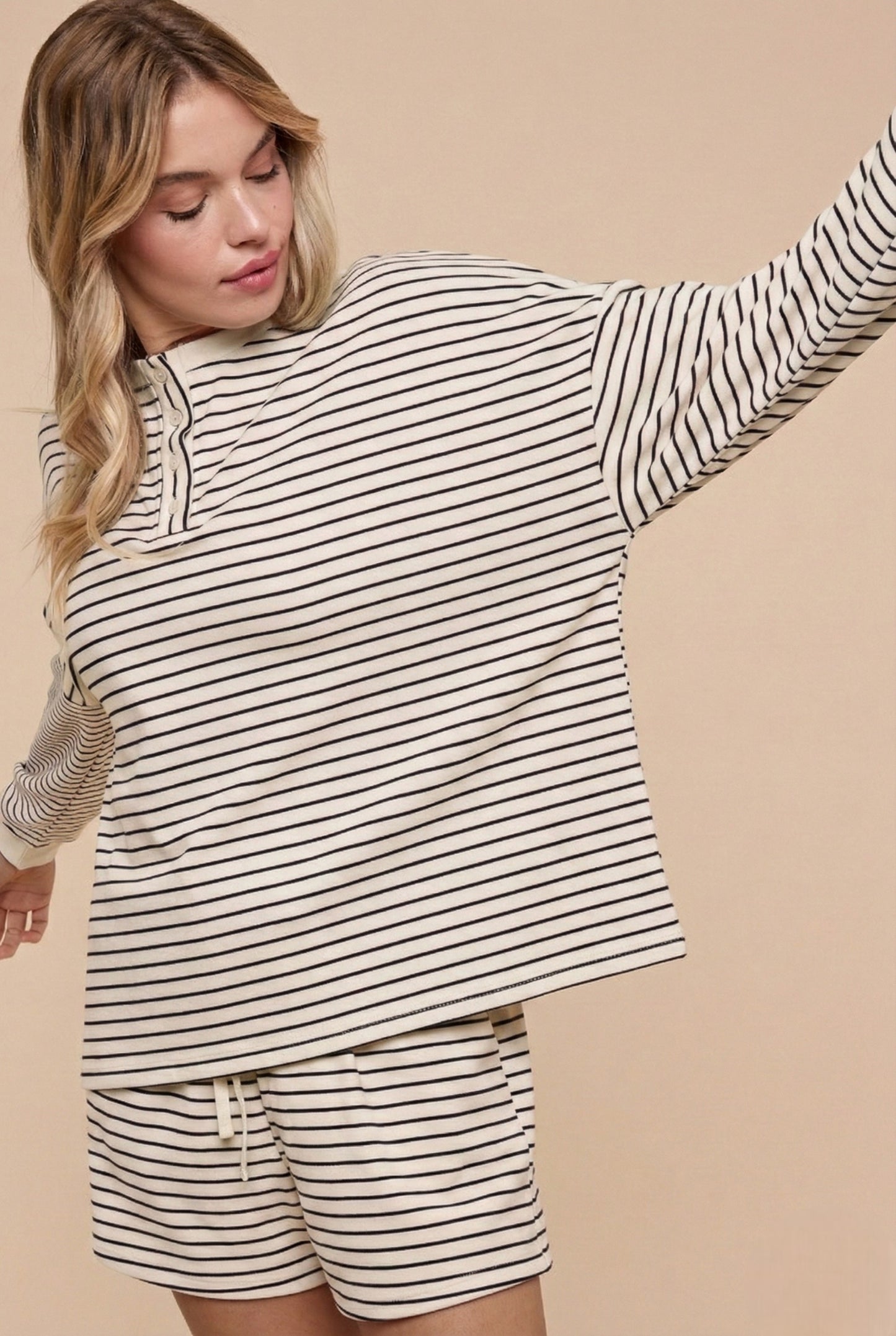 Talia Pin Stripe Pullover & Shorts Set | Latte