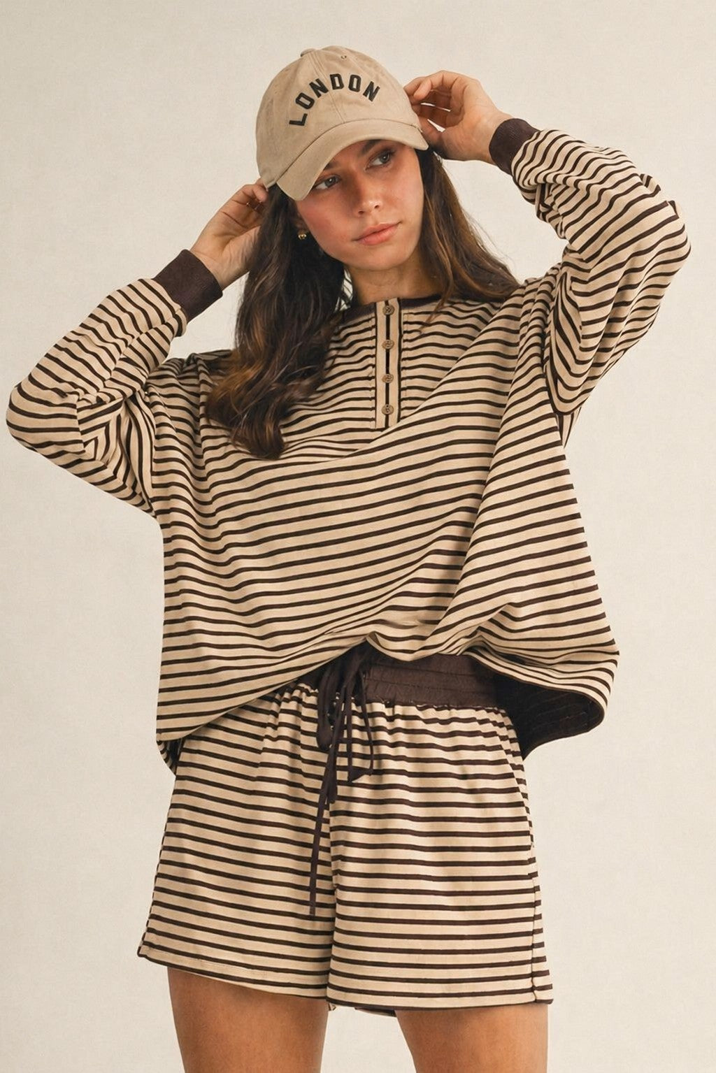 Talia Pin Stripe Pullover & Shorts Set | Latte