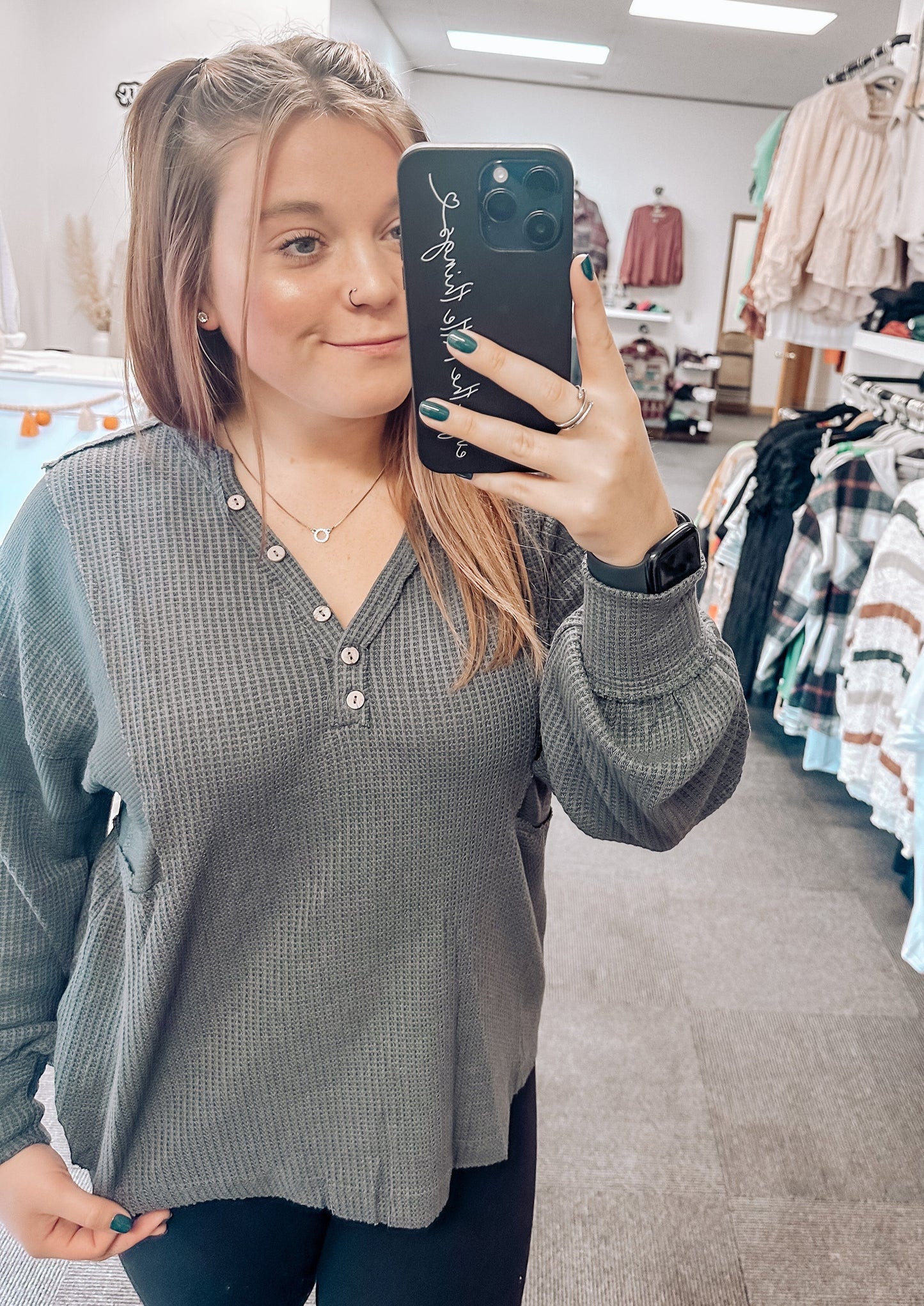 Meredith Henley Long Sleeve Top | Charcoal
