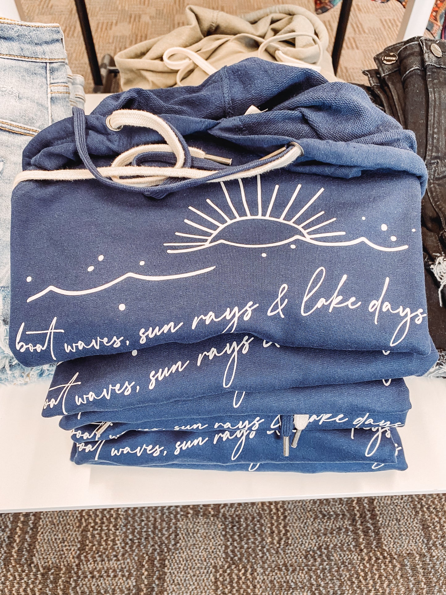 Boat Waves, Sun Rays, & Lake Days Hoodie| Navy