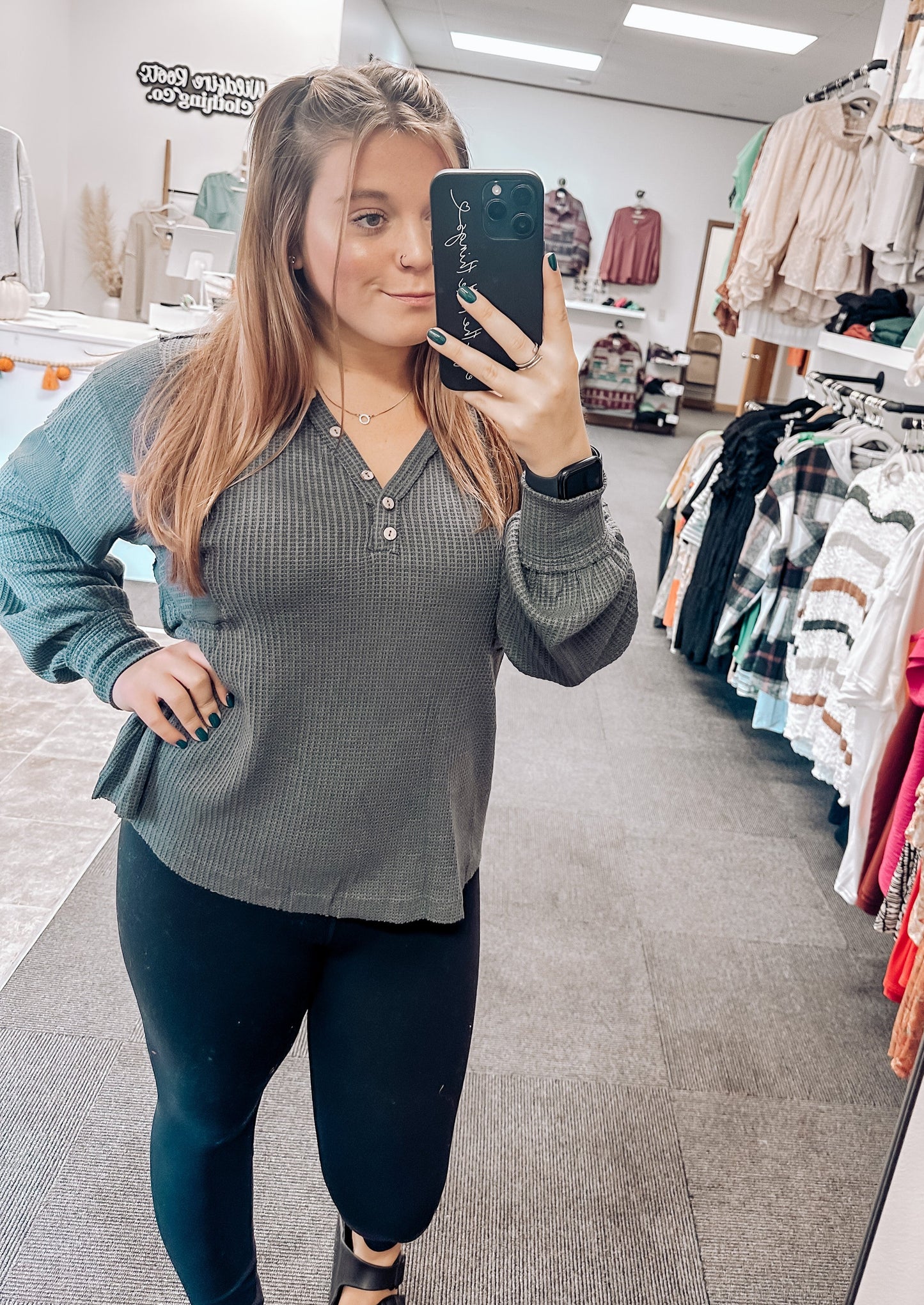Meredith Henley Long Sleeve Top | Charcoal