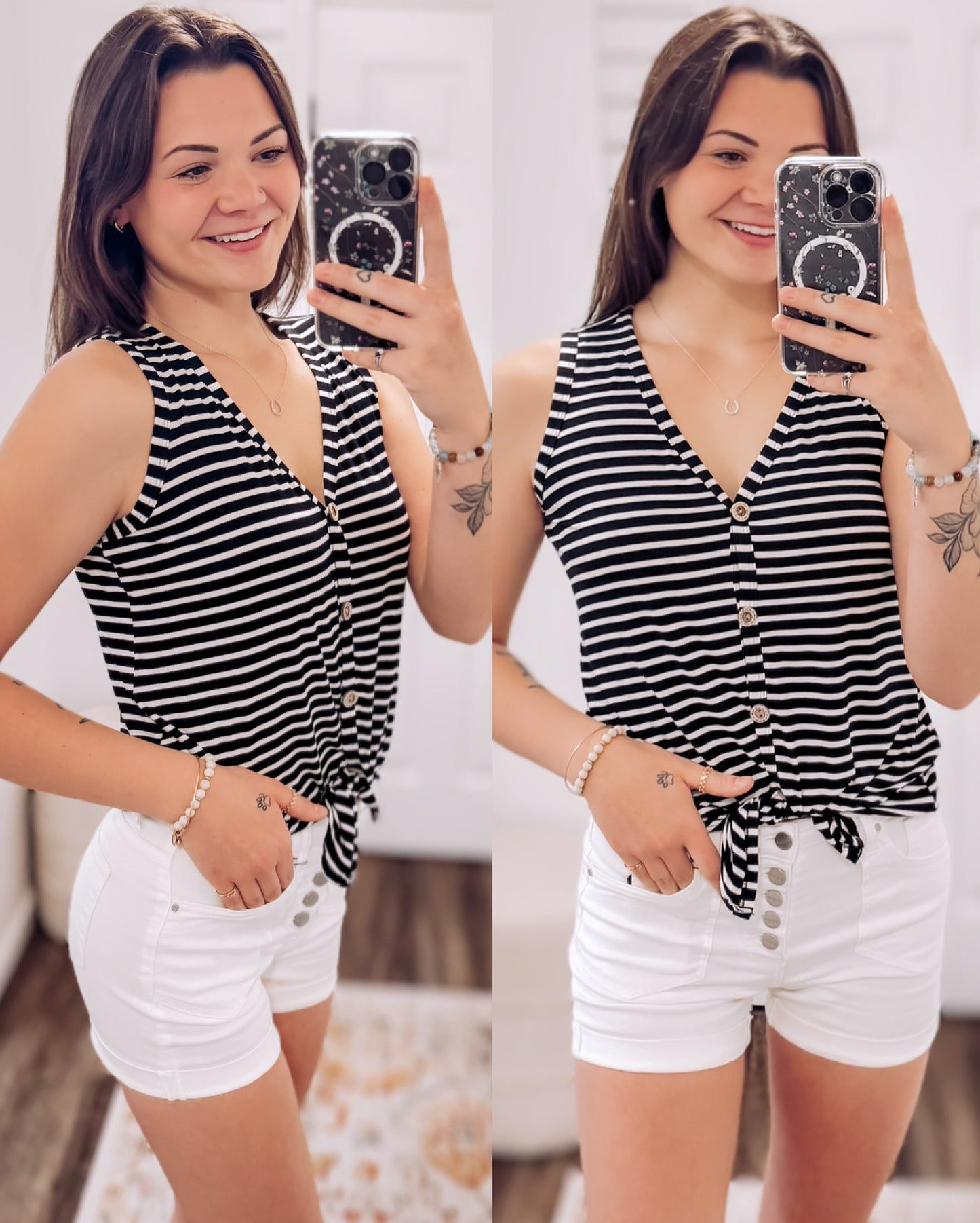 Woman wearing a sleeveless black and white horizontal striped tank top with a deep V-neckline and functional wooden buttons down the front. The top features a trendy front tie detail at the hem, creating a casual, flattering silhouette. Made from a soft, lightweight fabric, it's styled with medium-wash denim jeans—perfect for laid-back summer days, weekend outings, or everyday wear.