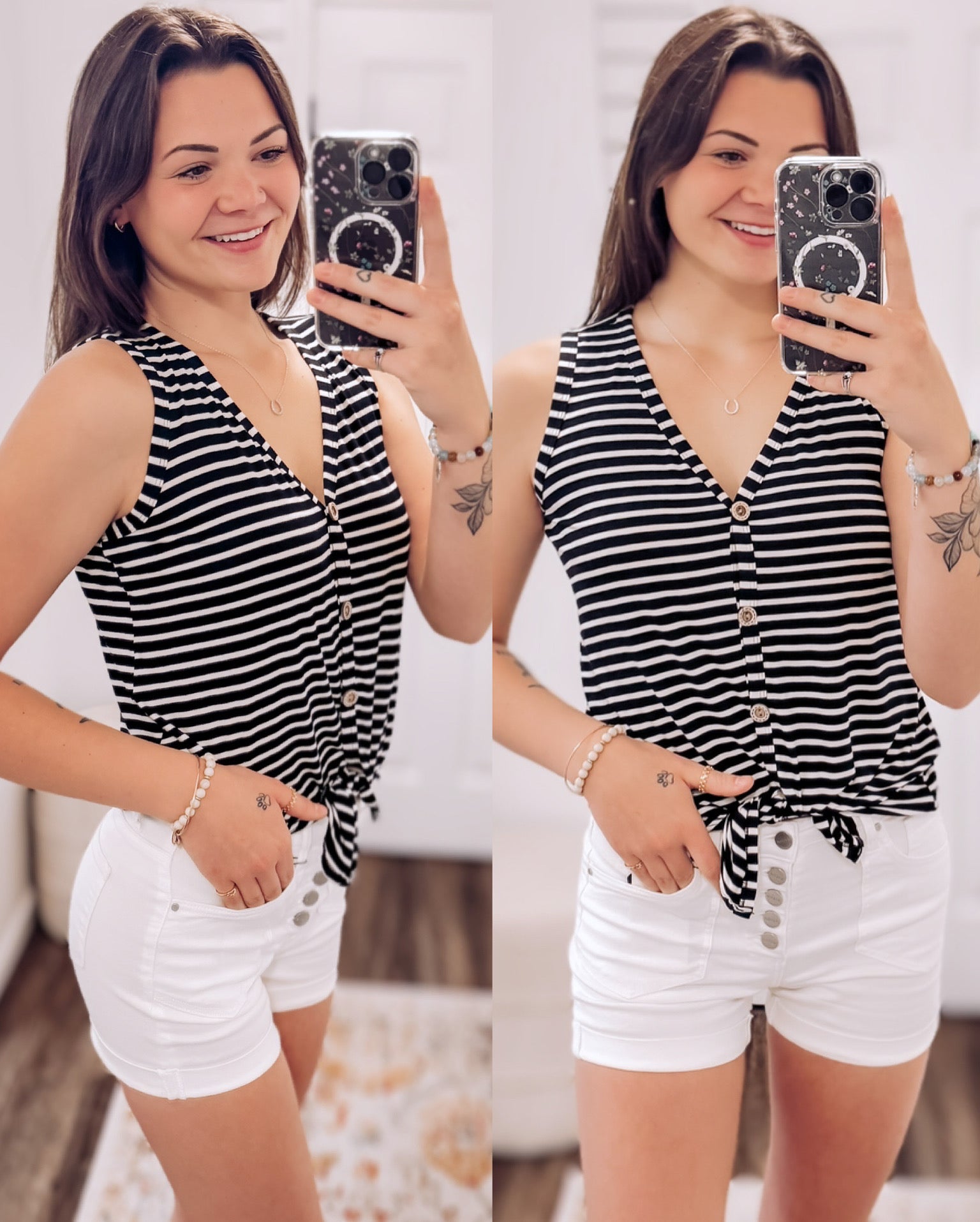Woman wearing a sleeveless black and white horizontal striped tank top with a deep V-neckline and functional wooden buttons down the front. The top features a trendy front tie detail at the hem, creating a casual, flattering silhouette. Made from a soft, lightweight fabric, it's styled with medium-wash denim jeans—perfect for laid-back summer days, weekend outings, or everyday wear.