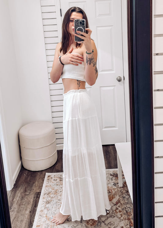 Jeanie Smocked Strapless Top + Skirt Set | White