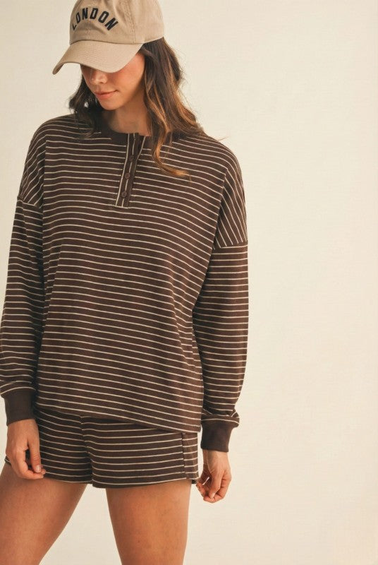 Talia Pin Stripe Pullover & Shorts Set | Chocolate