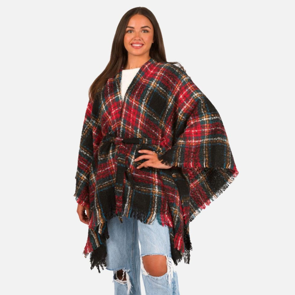 Arlaina Plaid Wrap Poncho | Red
