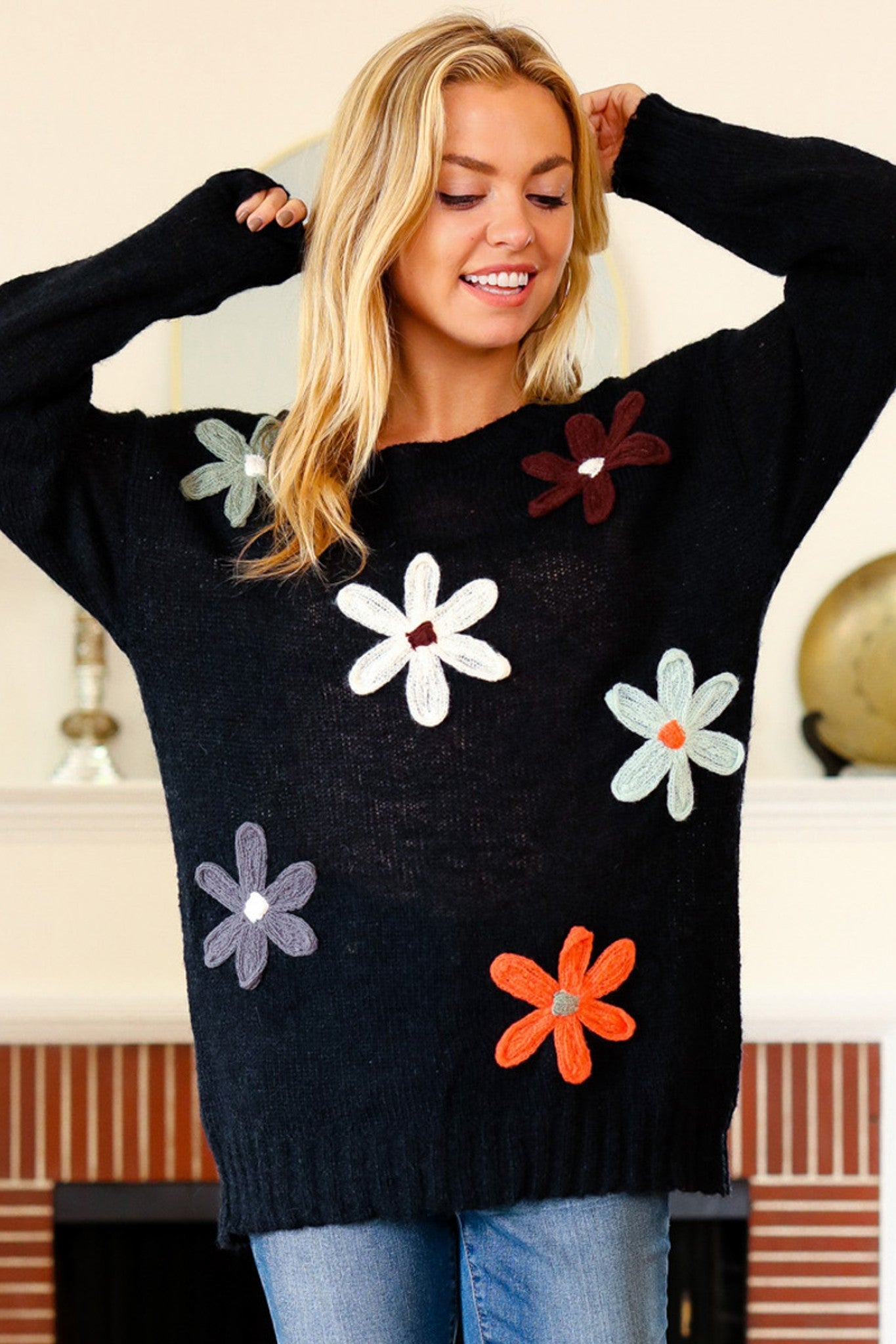 Bex Fall Flower Knit Sweater | Black