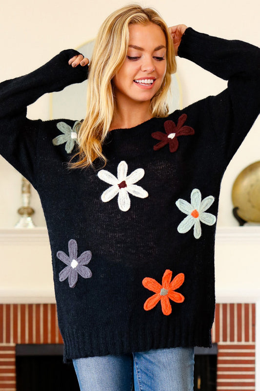 Bex Fall Flower Knit Sweater | Black