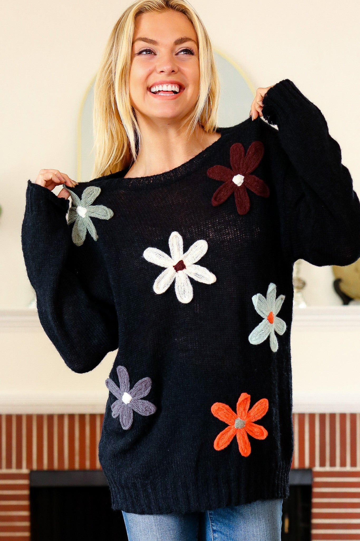 Bex Fall Flower Knit Sweater | Black