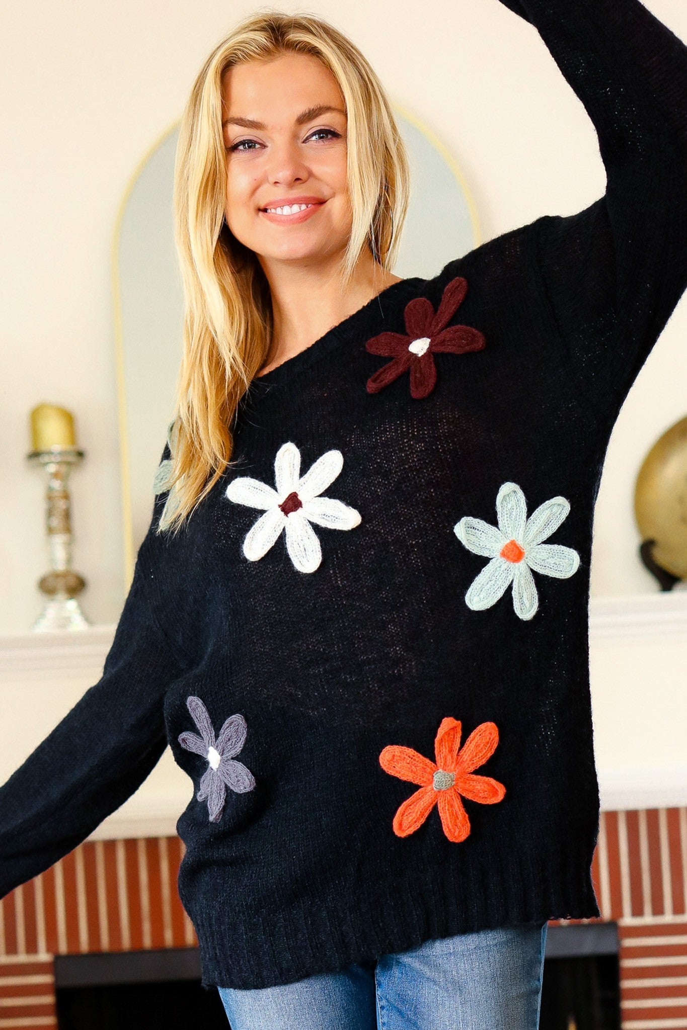 Bex Fall Flower Knit Sweater | Black