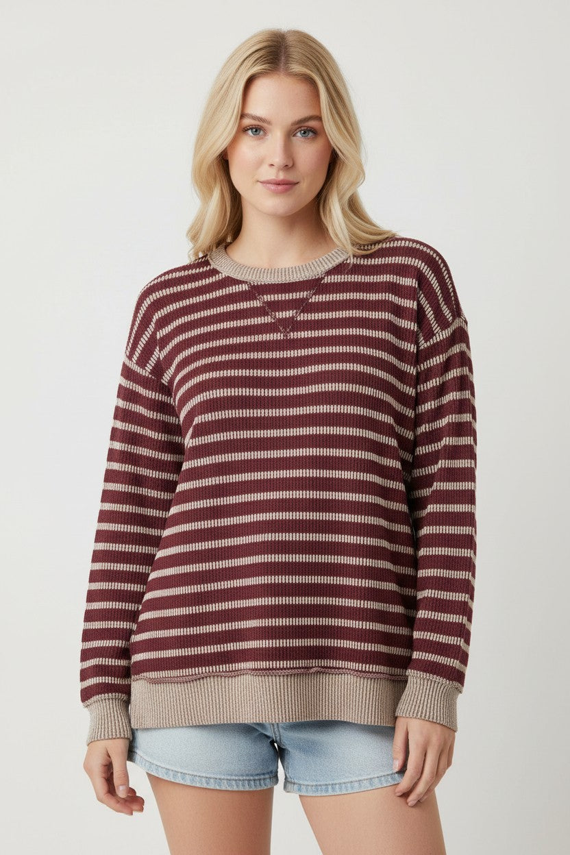 Clara Striped Knit Pullover | Burgundy