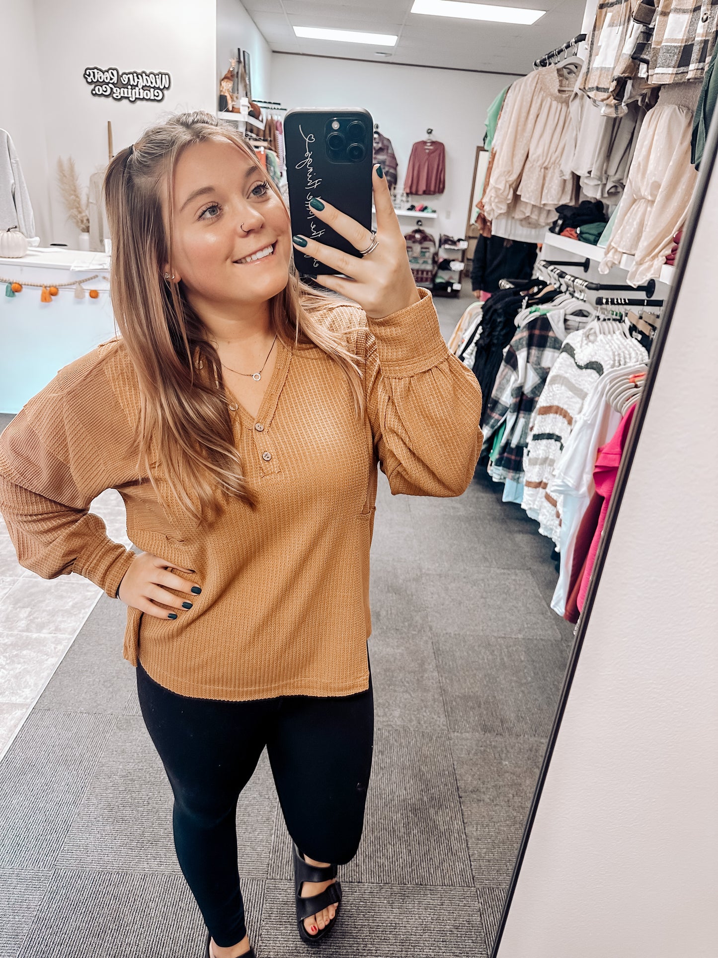Meredith Henley Long Sleeve Top | Camel