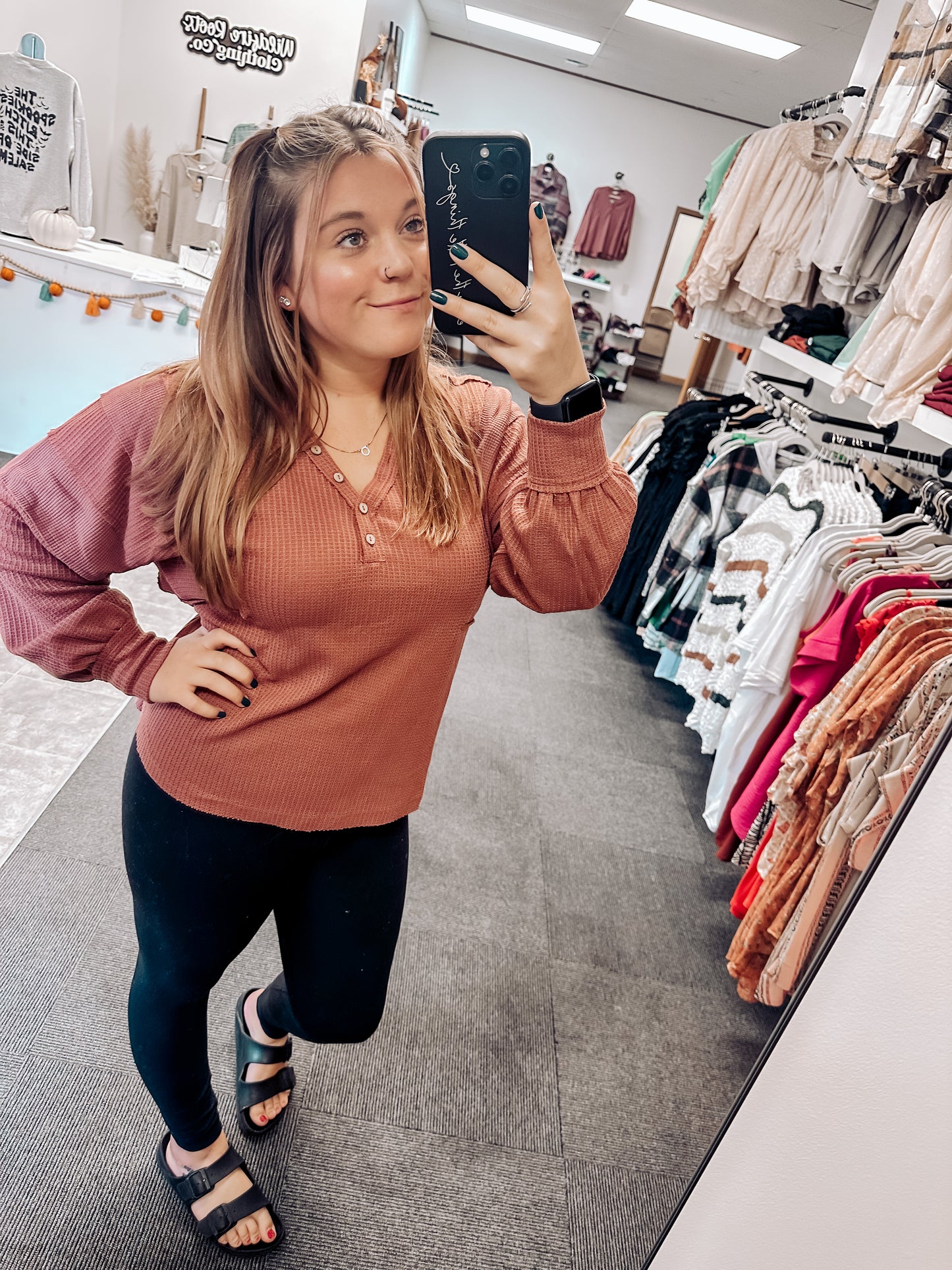 Meredith Henley Long Sleeve Top | Brick