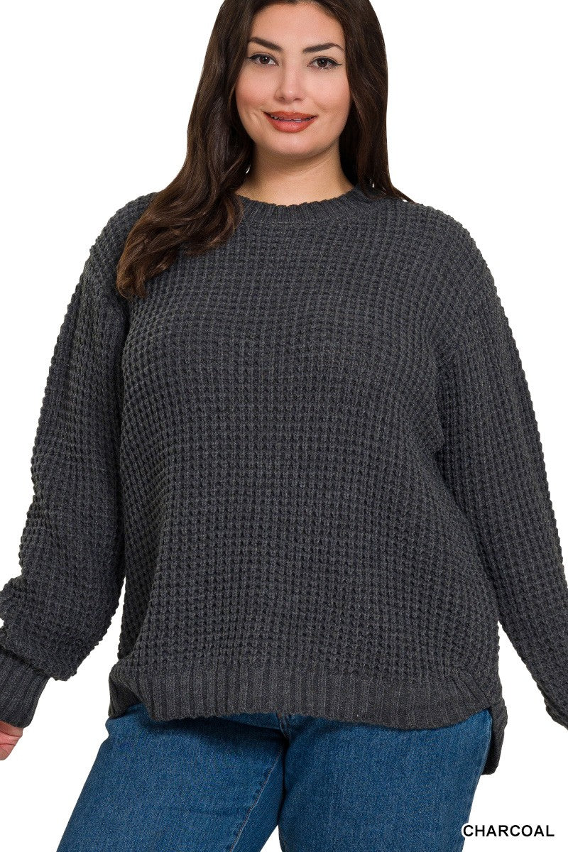 Emma Hi-Low Waffle Sweater | Charcoal