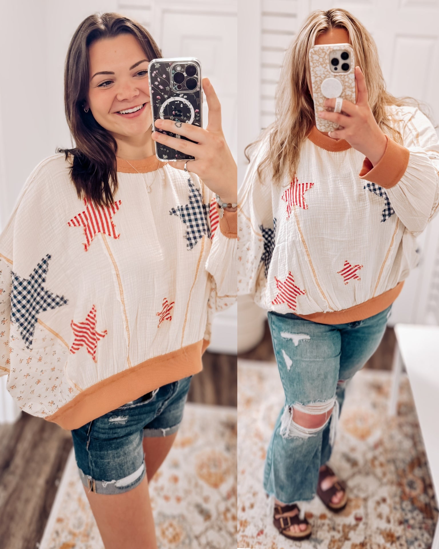 Woman wearing a cream textured pullover with raw seam detailing and patchwork star appliqués in red stripes and blue gingham. Features blush pink ribbed cuffs and hem, floral-print sleeves, and a relaxed, oversized fit. Styled with distressed light-wash denim shorts and a wide-brim cream hat, this cozy top delivers vintage Americana vibes with a soft, boho twist—perfect for patriotic holidays or laid-back summer days.