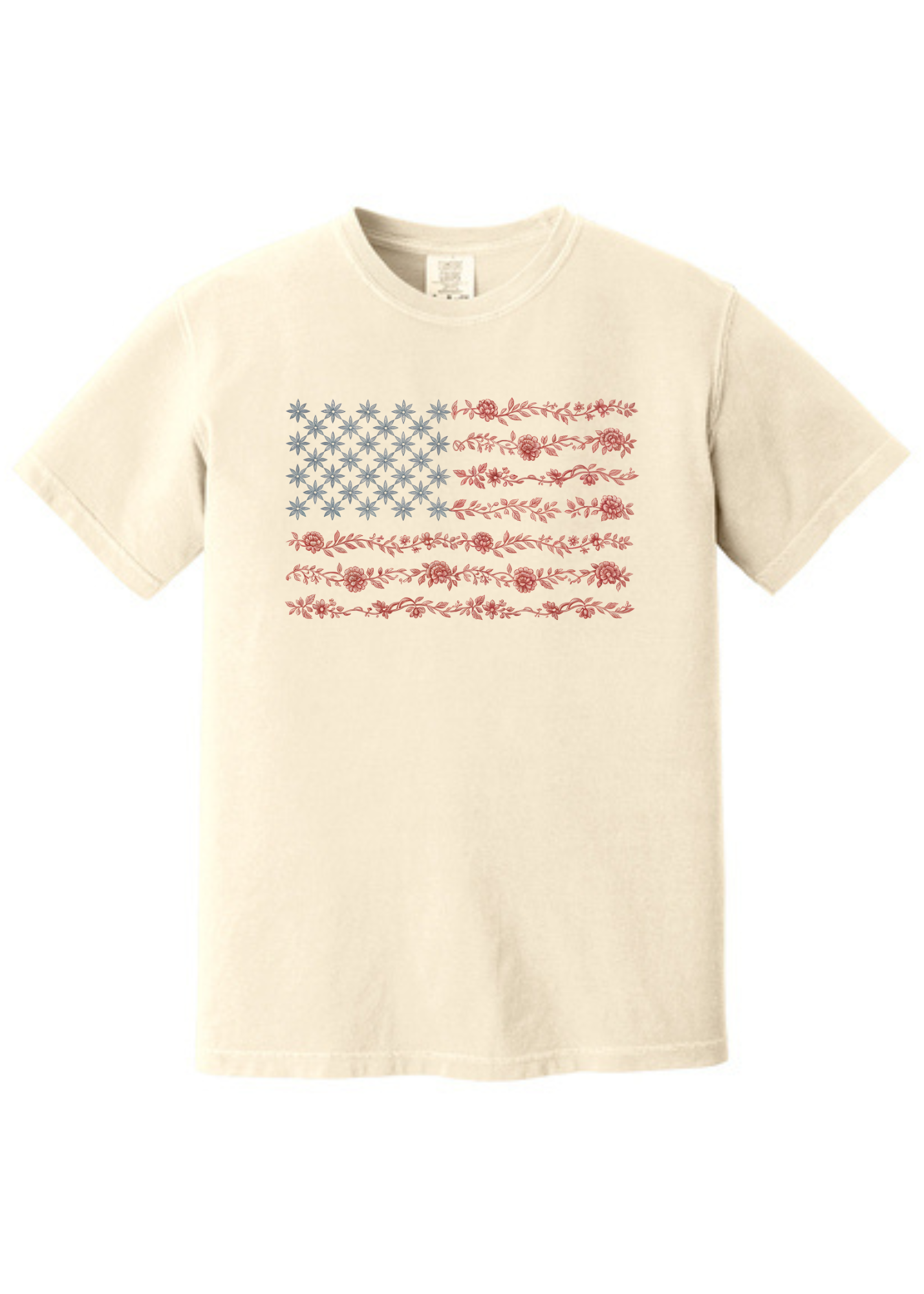 Cream-colored unisex t-shirt featuring a subtle and stylish American flag design made entirely of florals. The star field is composed of blue star-shaped flowers, while the red stripes are formed from intricate red floral garlands. This soft, vintage-inspired tee blends patriotic pride with a feminine, boho twist—perfect for summer celebrations like the Fourth of July, concerts, or casual weekends.