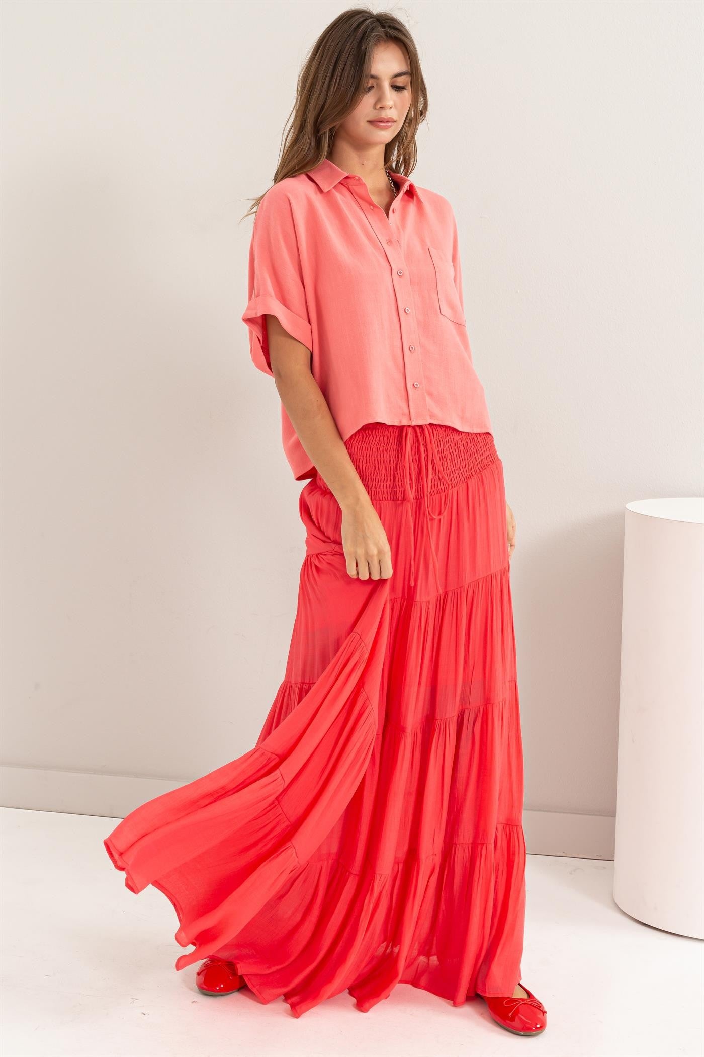 Freya Smocked Waist Maxi Skirt | Coral