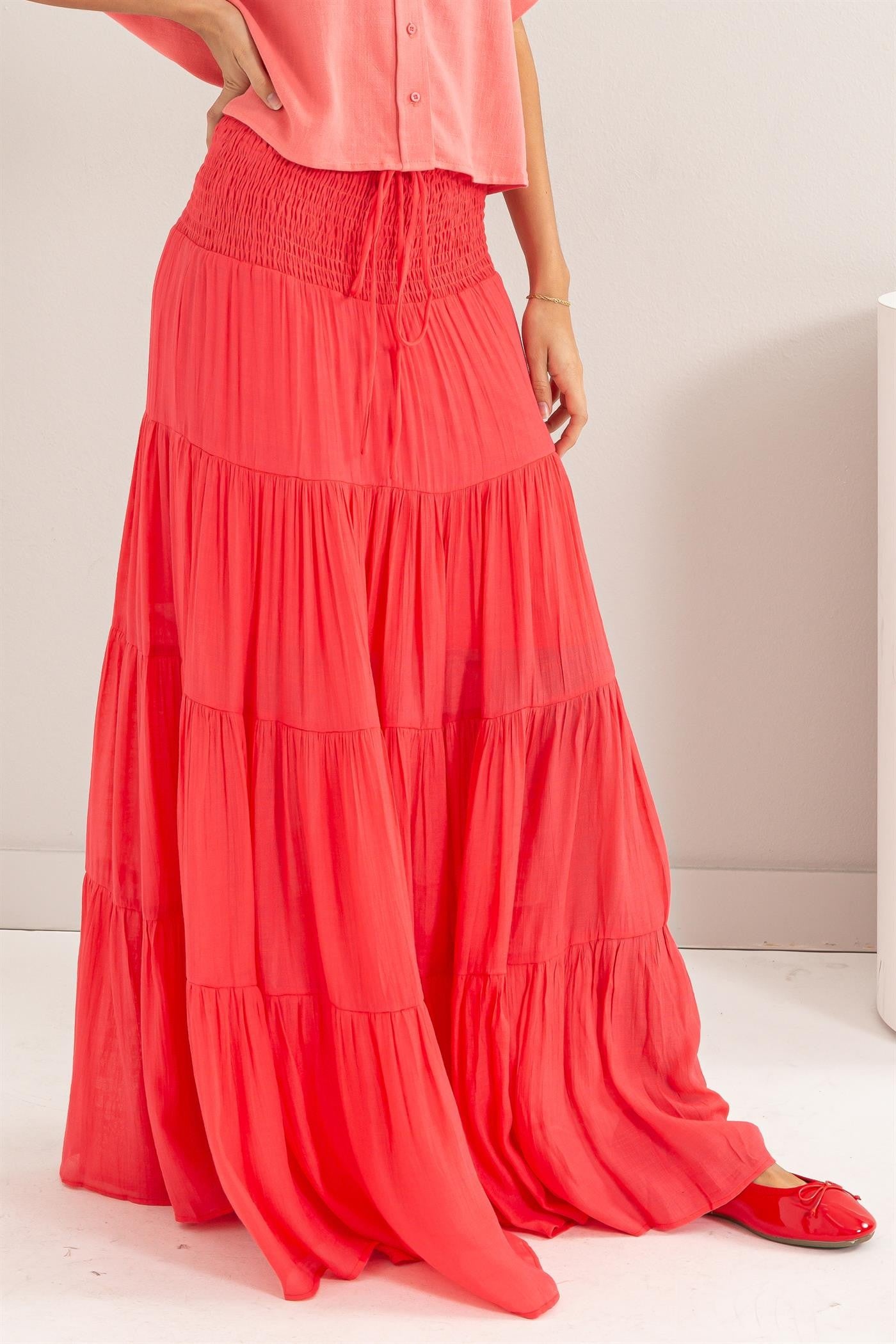 Freya Smocked Waist Maxi Skirt | Coral