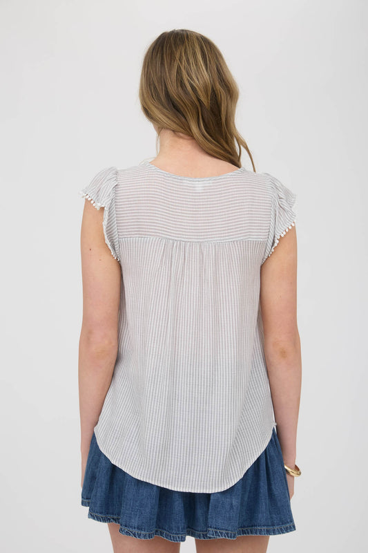 Hailey Stripe Lace Front Tie Top | Grey