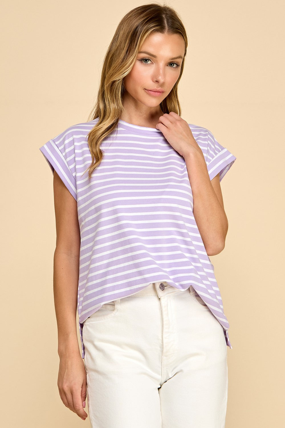 Iris Striped Cuffed Sleeve Tee | Lavender