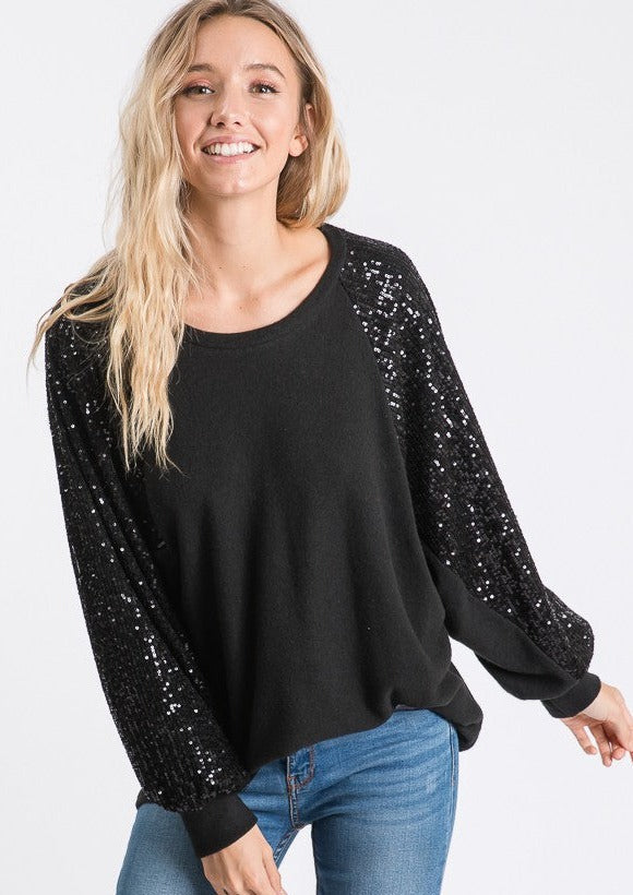 Kait Sequin Long Sleeve Top | Black