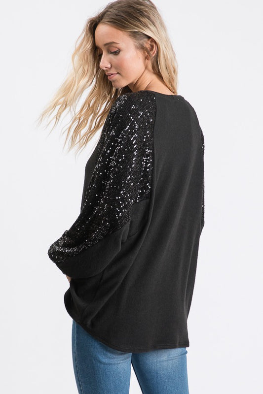 Kait Sequin Long Sleeve Top | Black
