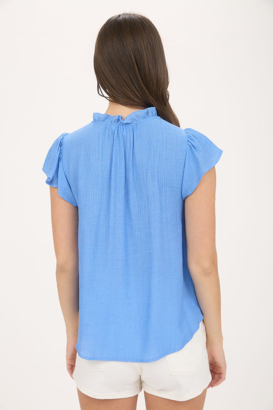 Kali Embroidery Ruffle Detail Front Tie Blouse | Blue