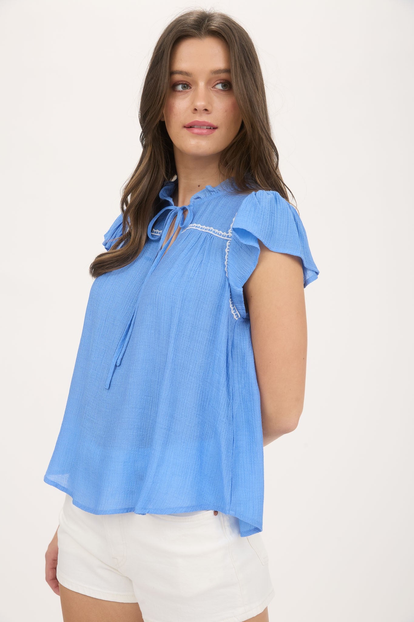 Kali Embroidery Ruffle Detail Front Tie Blouse | Blue