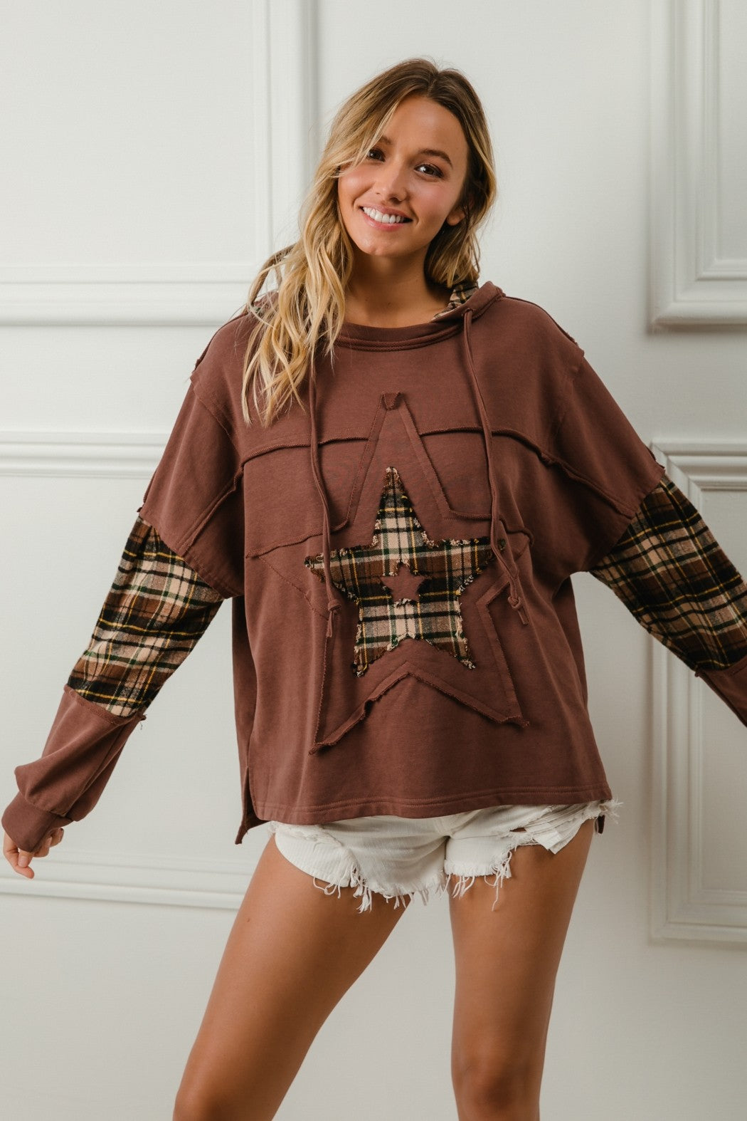 Krissy Plaid Knit Hoodie | Brown