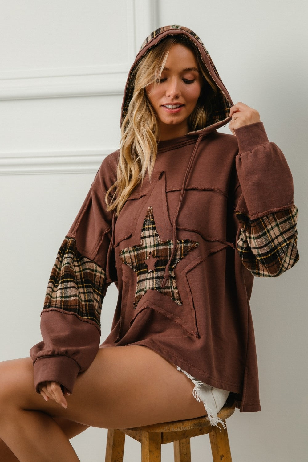 Krissy Plaid Knit Hoodie | Brown