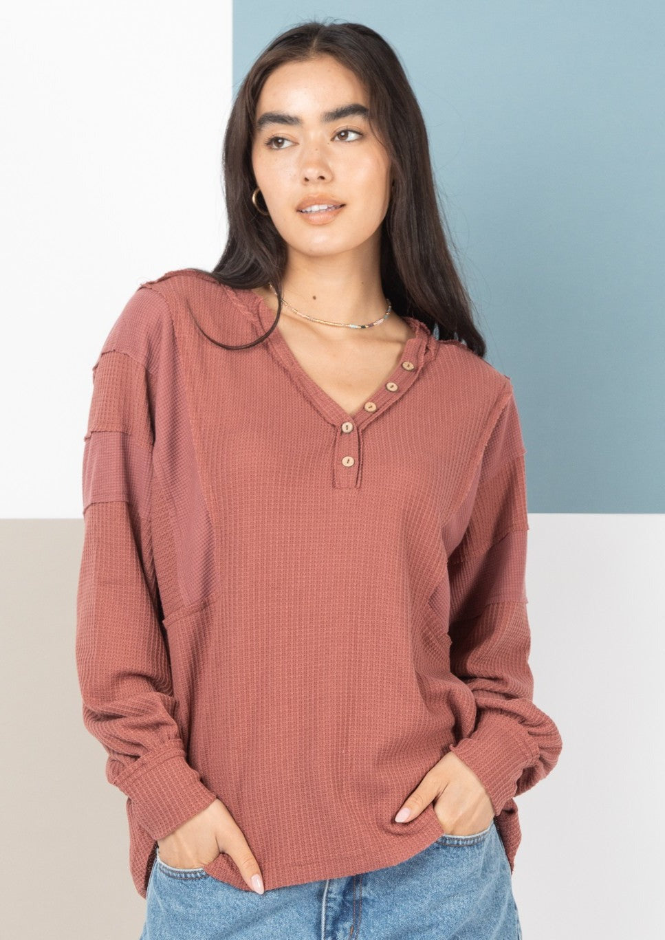 Meredith Henley Long Sleeve Top | Brick