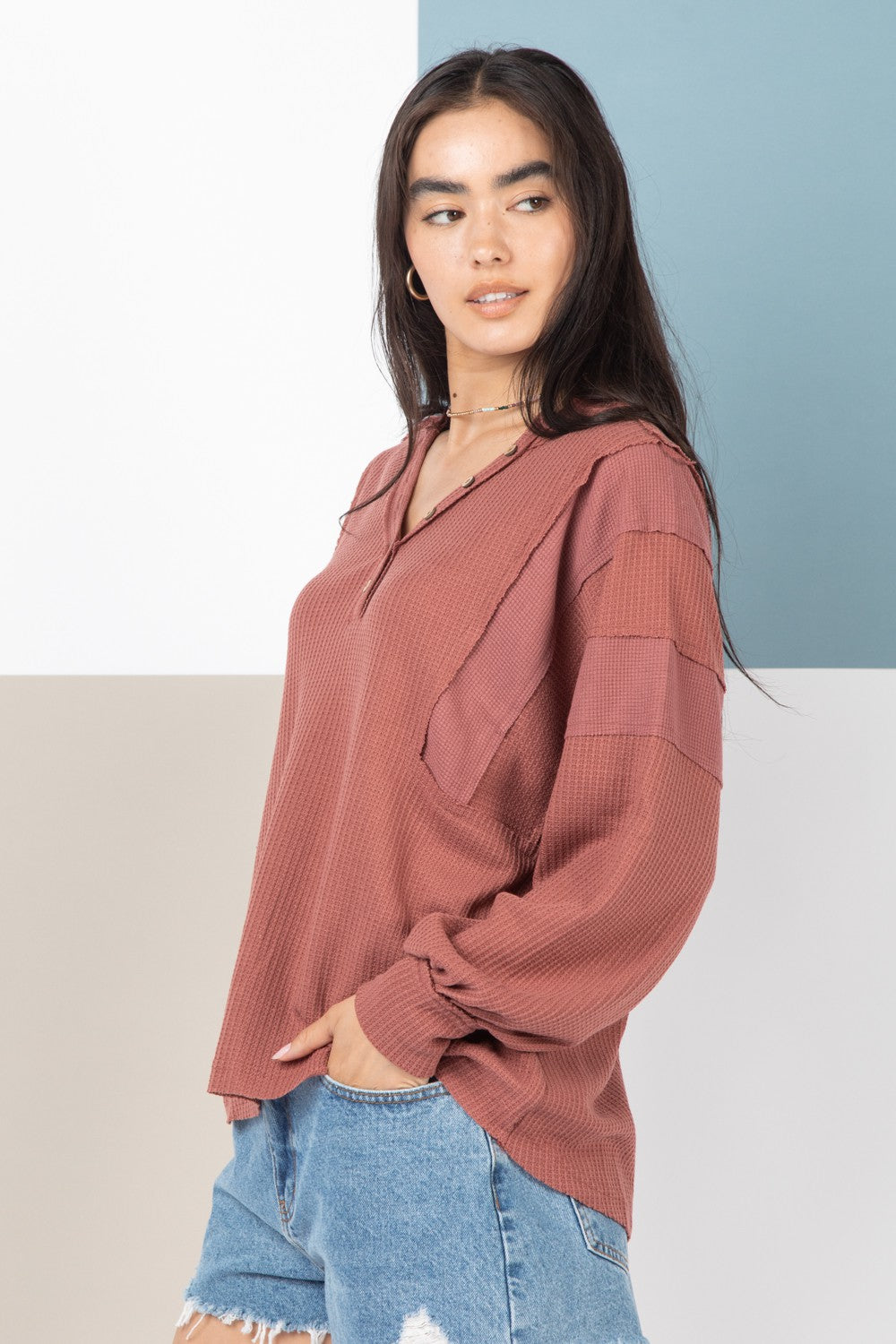 Meredith Henley Long Sleeve Top | Brick