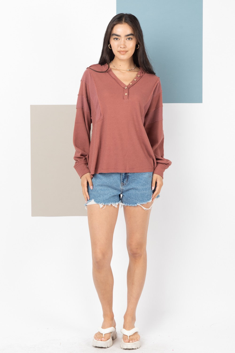 Meredith Henley Long Sleeve Top | Brick