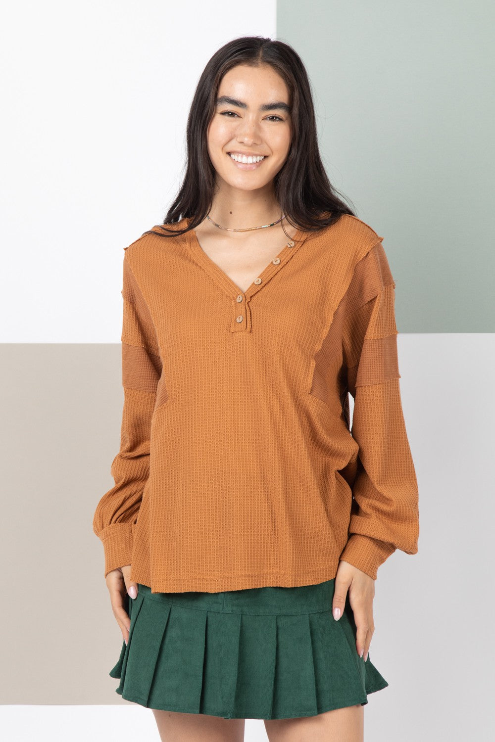 Meredith Henley Long Sleeve Top | Camel