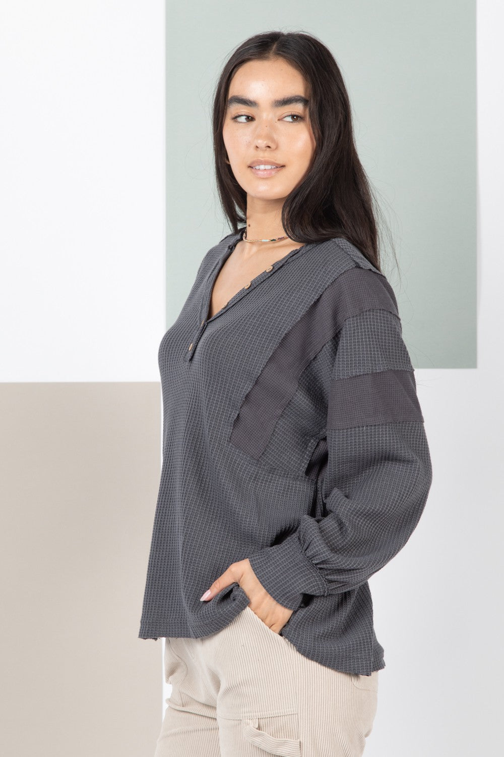Meredith Henley Long Sleeve Top | Charcoal