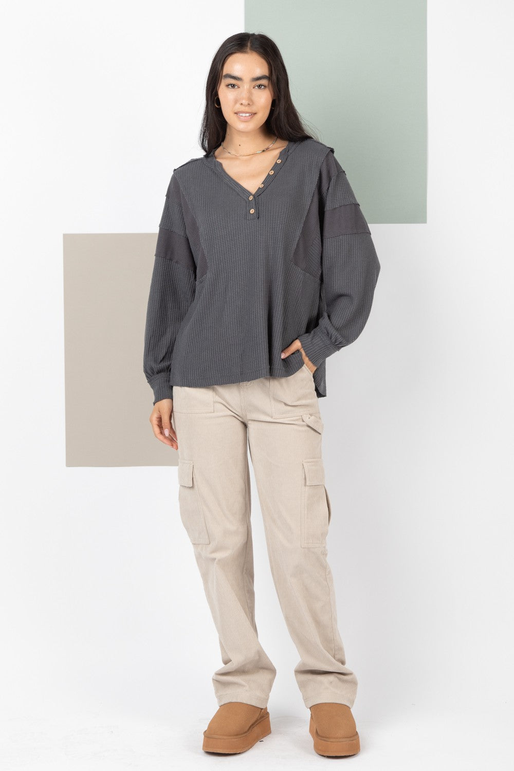 Meredith Henley Long Sleeve Top | Charcoal
