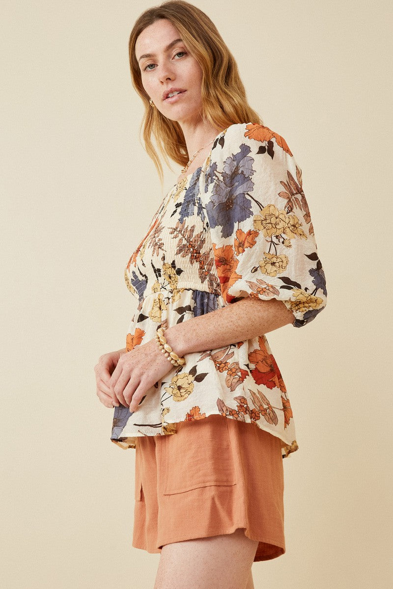 Miranda Floral Smocked Top | Rust