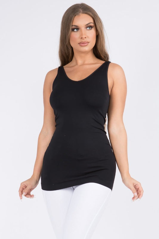 Women's fitted tank top in a true black. Features a classic scoop neckline and a sleek, body-hugging silhouette with plenty of stretch. Designed with a longline cut for extra coverage and easy layering. Made from a smooth, buttery fabric that flatters every shape—perfect for wearing solo or under your favorite shackets, cardigans, or kimonos. A closet staple you'll reach for on repeat.