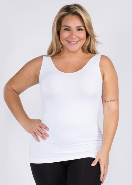 Women's fitted tank top in a crisp white. Features a classic scoop neckline and a sleek, body-hugging silhouette with plenty of stretch. Designed with a longline cut for extra coverage and easy layering. Made from a smooth, buttery fabric that flatters every shape—perfect for wearing solo or under your favorite shackets, cardigans, or kimonos. A closet staple you'll reach for on repeat.