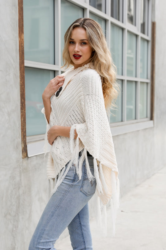 Samantha High Neck Tassel Poncho | Ivory