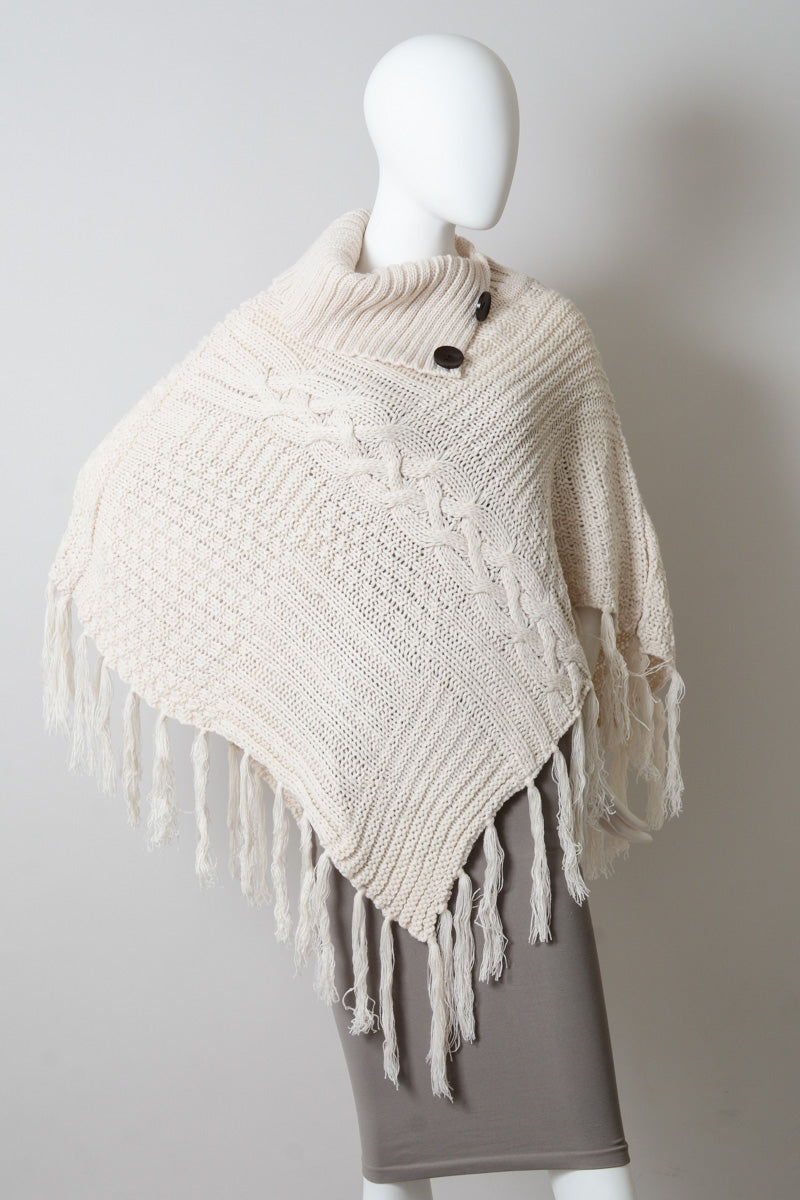 Samantha High Neck Tassel Poncho | Ivory