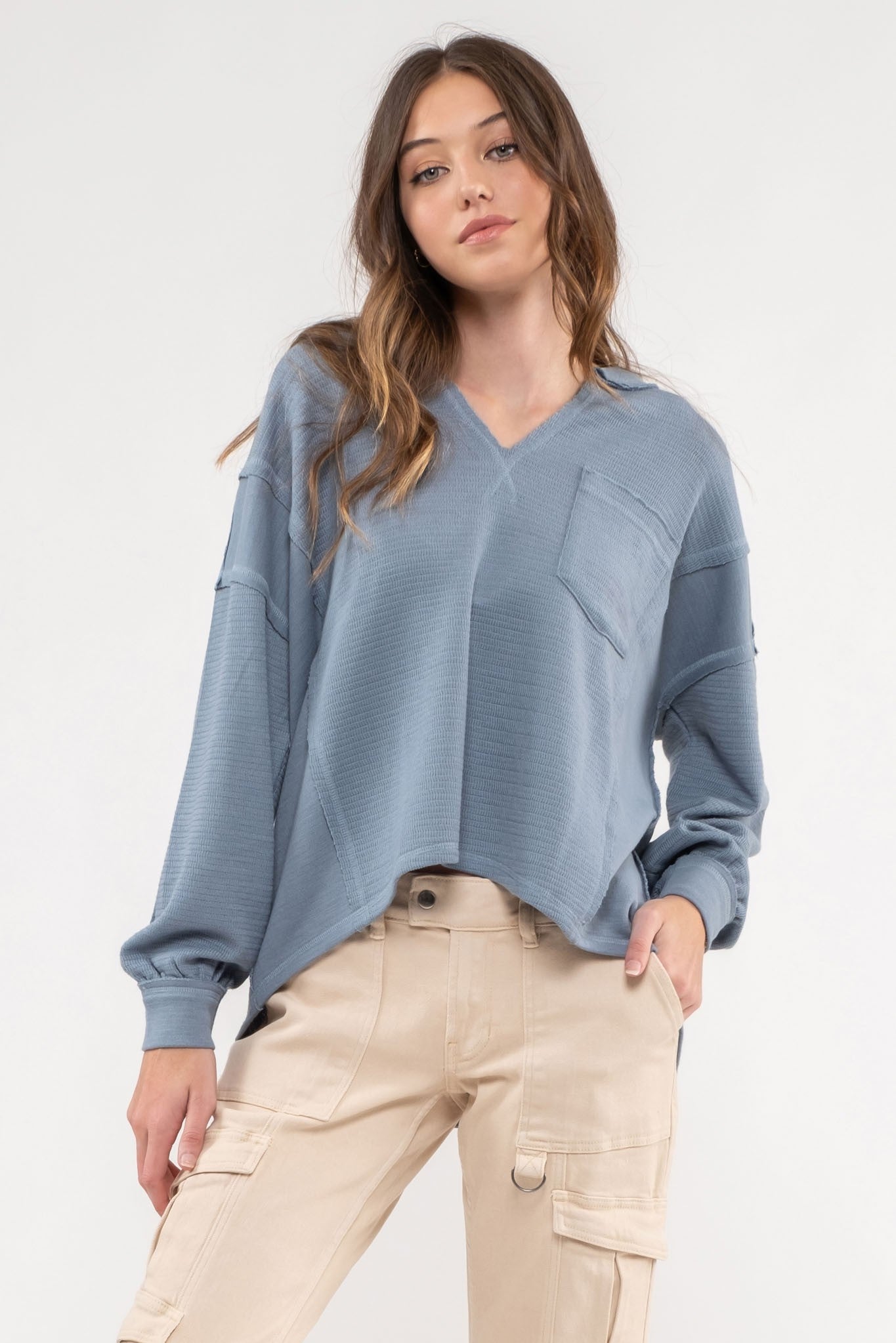 Saylor Solid Patchwork Long Sleeve Top | Dusty Blue