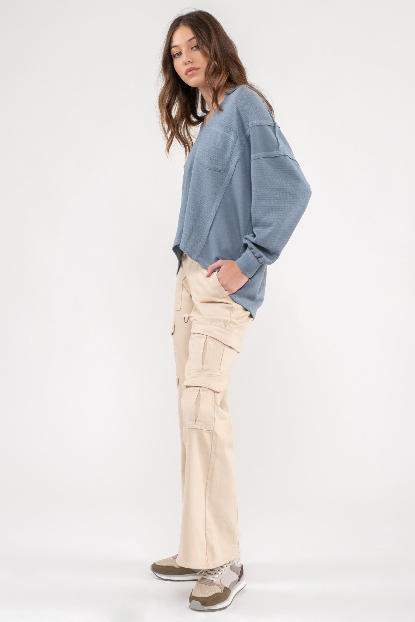Saylor Solid Patchwork Long Sleeve Top | Dusty Blue