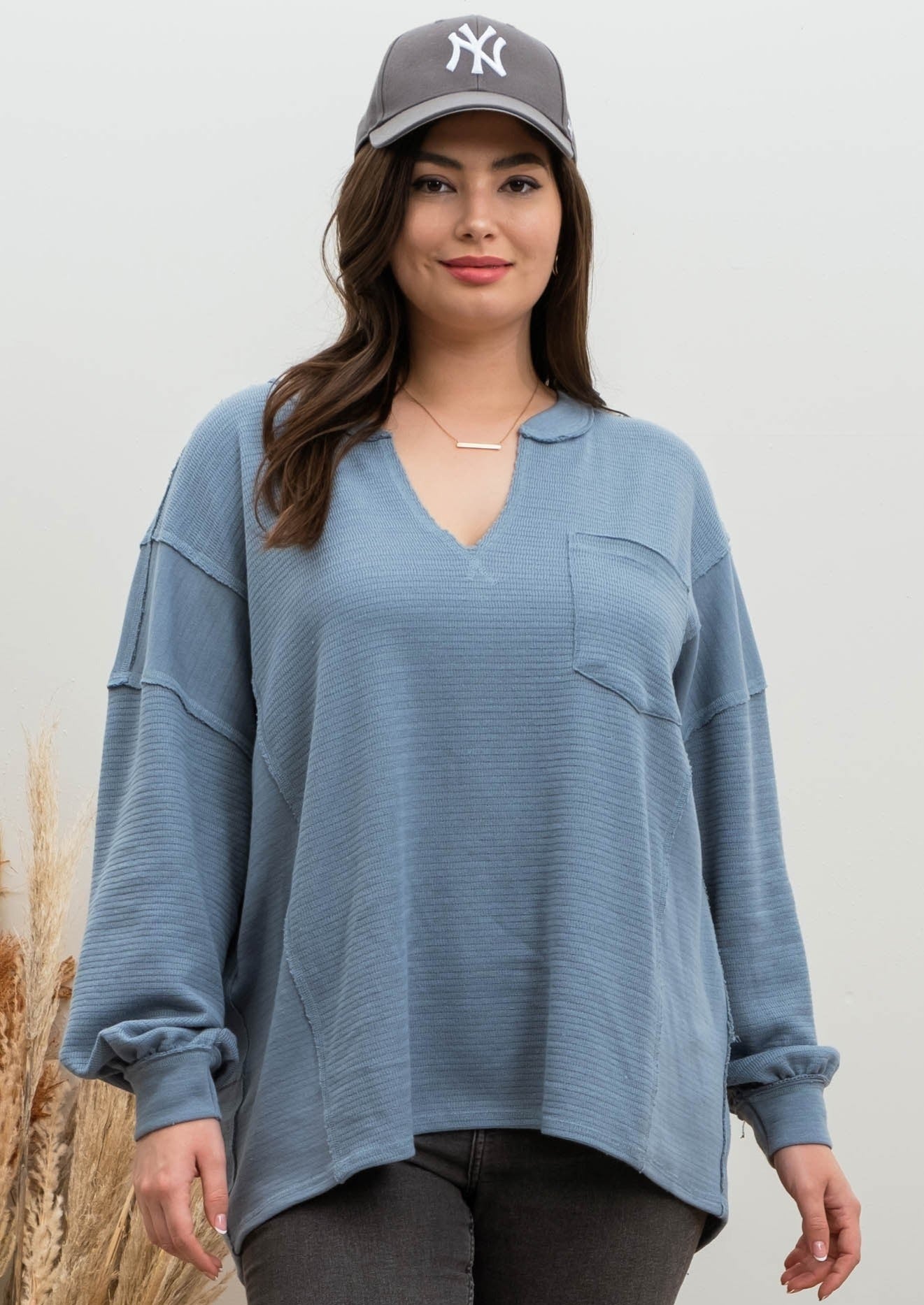 Saylor Solid Patchwork Long Sleeve Top | Dusty Blue