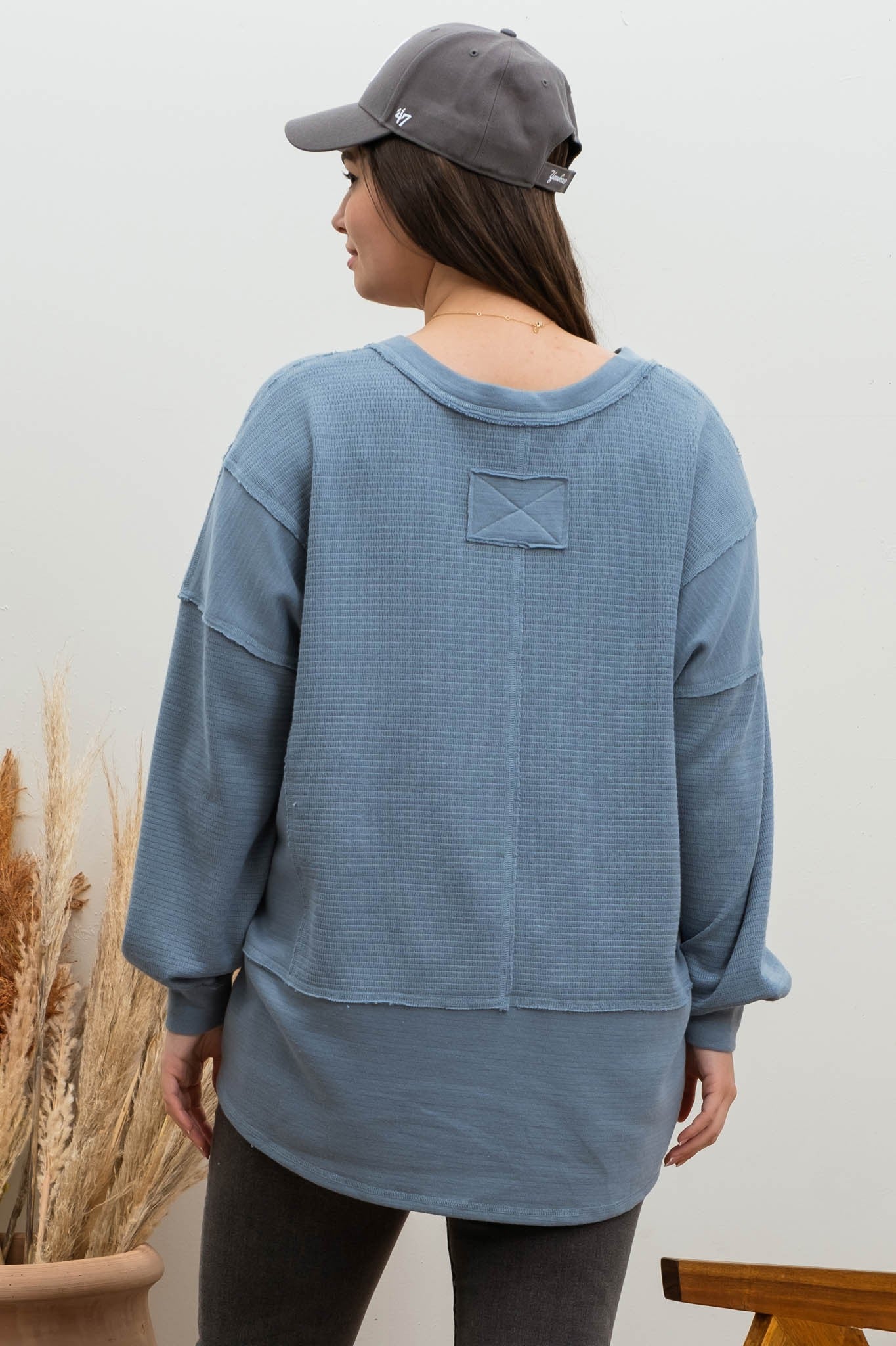 Saylor Solid Patchwork Long Sleeve Top | Dusty Blue