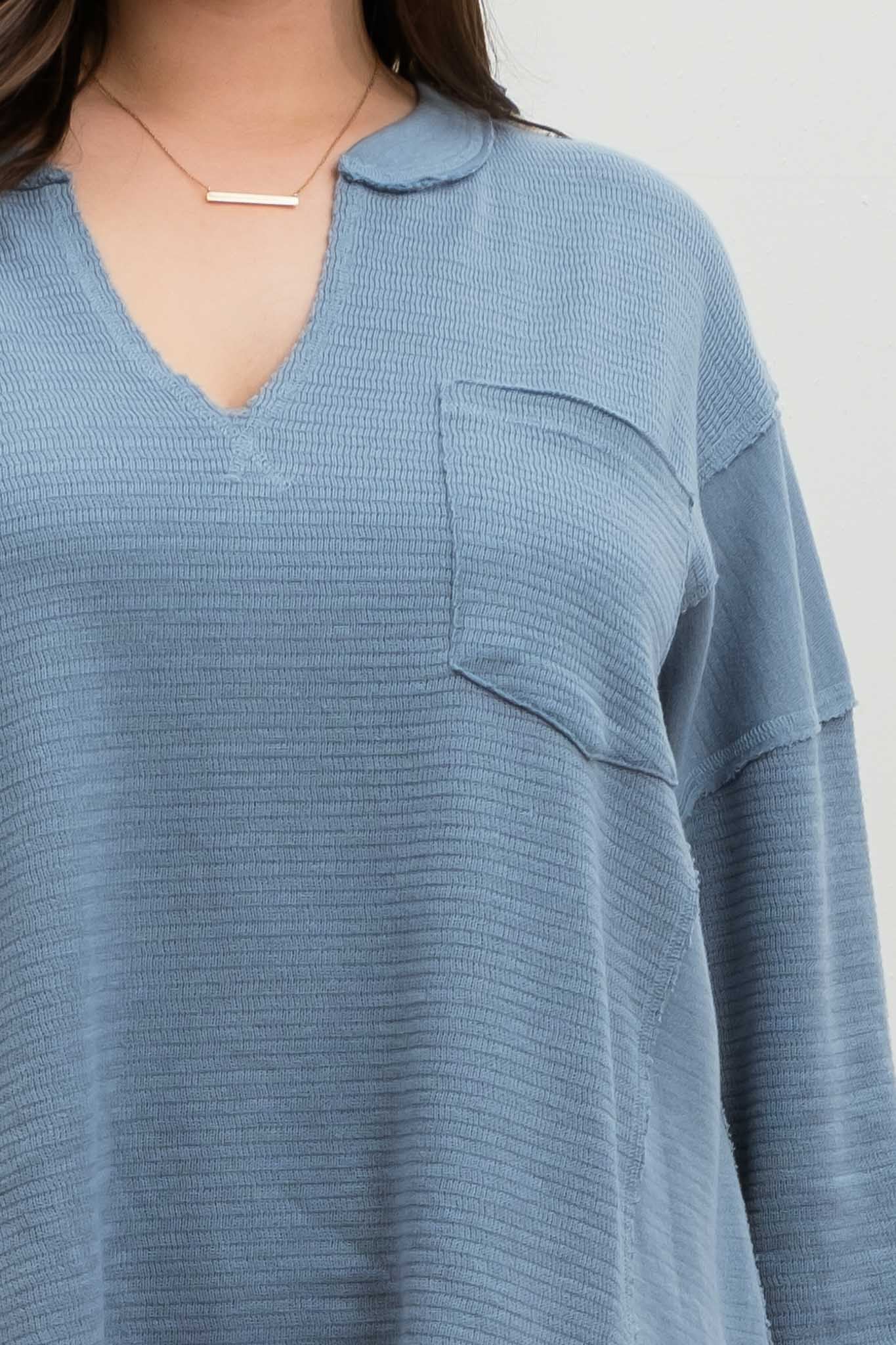 Saylor Solid Patchwork Long Sleeve Top | Dusty Blue